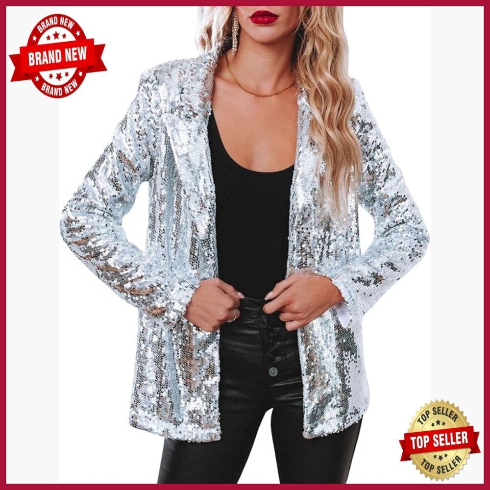 Sequin Open Front Blazer Long Sleeve Slim Fit Party Cardigan Coat